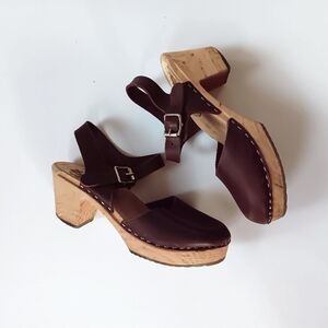 Lotta's Lotta From Stockholm Highwood Aubergine Leather Swedish Wooden Clogs 38